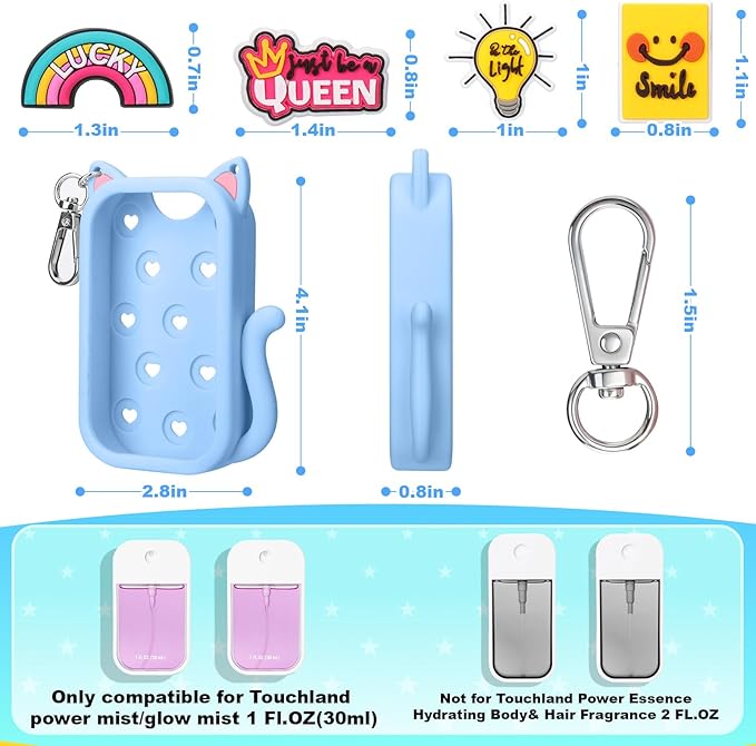 Juome Silicone Case for Touchland Hand Sanitizer Spray with Keychain & Charms, Cat Protective Holder Compatible with Touchland Power Mist & Glow Mist 1 FL Oz/30ML,Travel Cover Sleeve Accessory (Blue)