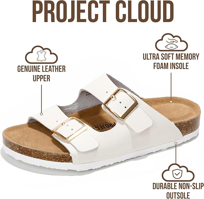 Project Cloud 100% Genuine Leather Flat Sandals For Women 2026 Cork Footbed Womens Sandals with Memory Foam and arch support Vacation Essentials Slides for Women Footwear (Venita)