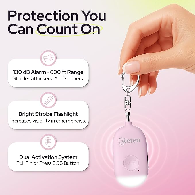 Weten Rechargeable Personal Alarm Keychain - 130dB Siren & LED Light - 2 Pack Personal Safety Alert for Women to Carry - Panic Button Alarm for Security - Rape Whistle for Self Defense (Pink&Blue)