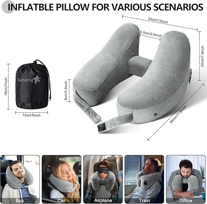 Sunany Travel Neck Pillow for Airplane Pillow Comfortably Supports Head, Neck and Chin, Inflatable Travel Pillow with Soft Velour Cover and Portable Drawstring Bag (Black) (Grey, H)