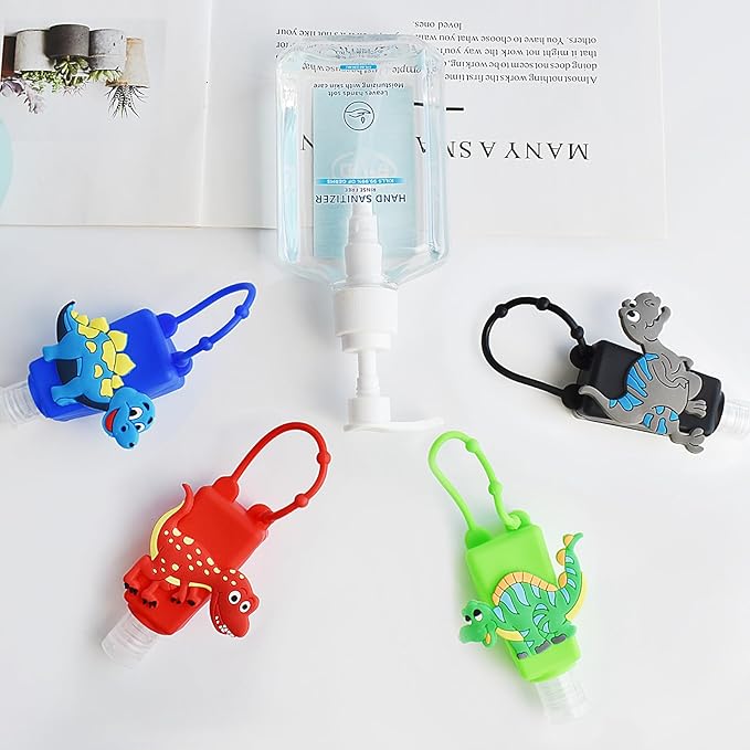 Refillable Travel Bottles Containers, 4 Pack Hand Sanitizer Travel Size Holder with Empty Silicone Bottles Case Keychain Carrier, Leak Proof Portable Bottle for Liquid Soap, Lotion (Dinosaur)