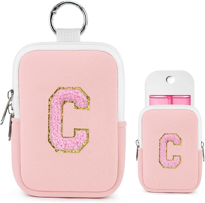 Shenier Alphabet Zippered Case with Keychain, Cute Design, Compatible with Touchland Power Mist Gentle/Glow Mist Hand Sanitizer Spray, Pink-C