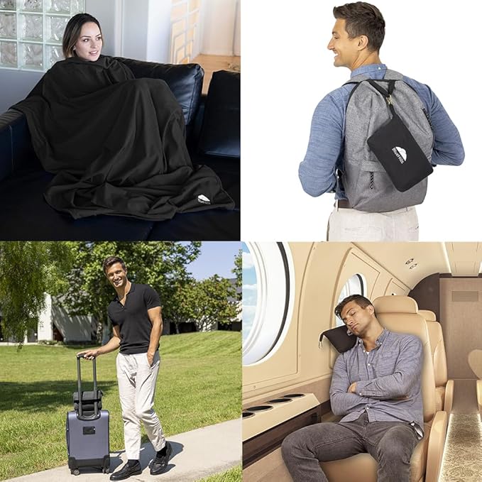BlueHills Lightweight Travel Blanket Pillows for Two Airplane Compact Portable Traveling Essentials Flight Throws in Bag Large Plane Accessories – Black and Gray