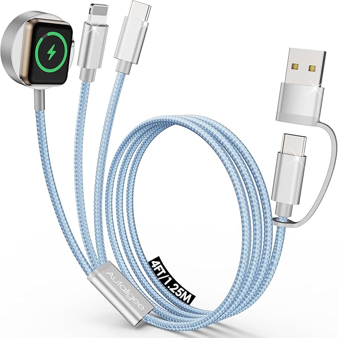 Travel Essentials,Multi Charging Cable for Apple Watch Charger/iPhone Charger/Samsung Charger,Airplane Gadgets RV Essentials for iWatch Ultra/10-2/iPhone 17-11/Samsung S25-S20,airPods,Car-4FT Blue