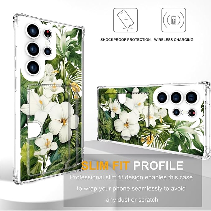 Compatible with Samsung Galaxy S24 Ultra Case Card Holder for Women Cute Design,Wallet Phone Cases Transparent Cool Kawaii Protective (Clear Green Flowers Tropical Jungle)