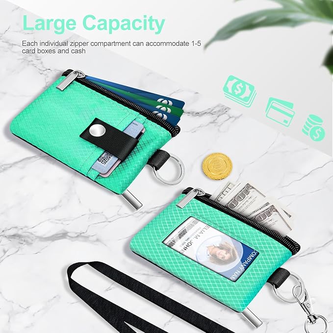 Minimalist RFID Blocking Small Wallet with ID Window,WaterResistant Zip Id Case Wallet with Lanyard Keychain for Cards,Cash,Travel,Women,Men (Mint Green)