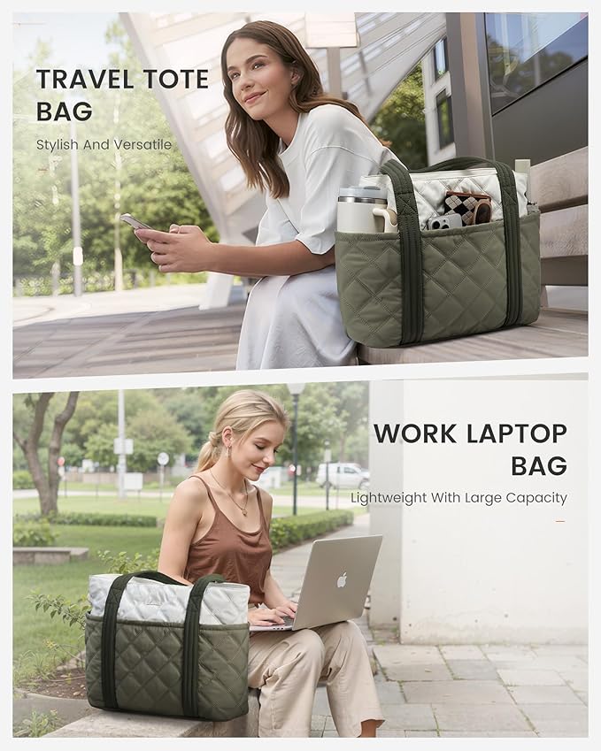 LOVEVOOK Puffer Tote Bag for Women, Puffy Work Handbag with Cup Holder, Travel Carry On Bag with Zipper for Teacher Nurse Gym