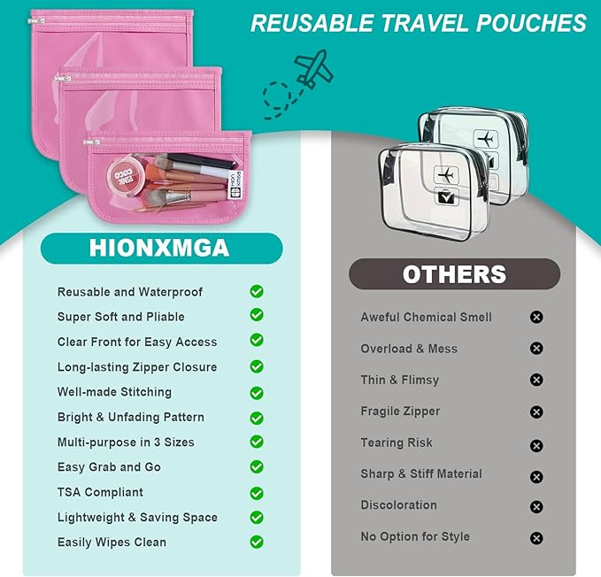 HIONXMGA TSA Approved Toiletry Bag, Set of 3 Clear Travel Toiletry Bag Quart Size Zipper Travel Pouch, Waterproof Makeup Cosmetic Bag for Women Men Kids Toiletries Carry on, Pink