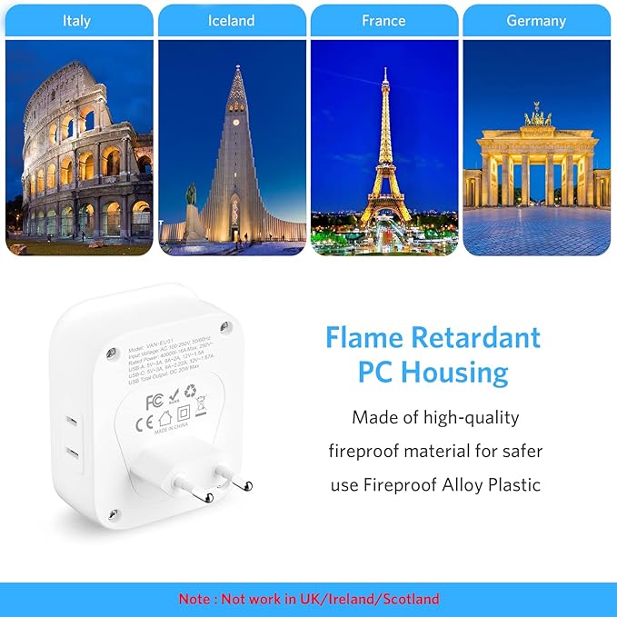 European Travel Plug Adapter, International Power Plug Adapter with USB C 20W 4 Outlets 3 Fast Charge Ports (PD&QC), Type C Plug Adapter Travel Essentials to Most of Europe Spain Italy France Germany