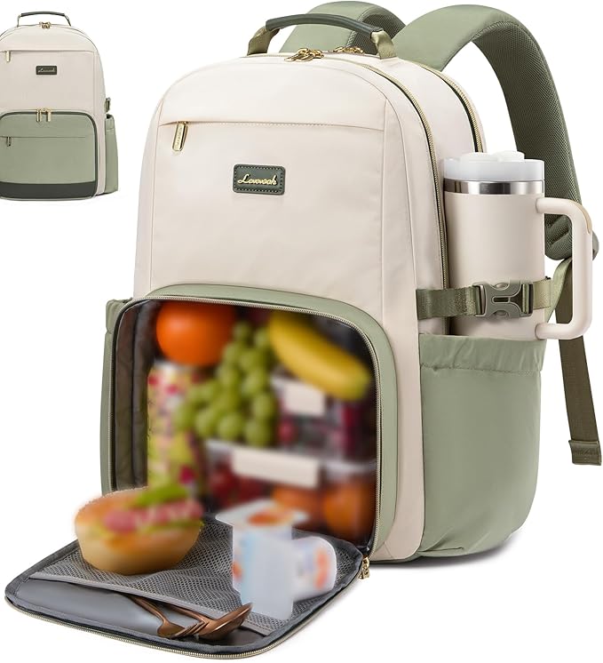 LOVEVOOK Lunch Backpack with Lunch Compartment,17 Inch Laptop Work Travel Insulated Cooler Backpack,Waterproof College Teacher Lunch Bag Box,Gifts for Men Women,White-Bean Green-Dark Olive Green