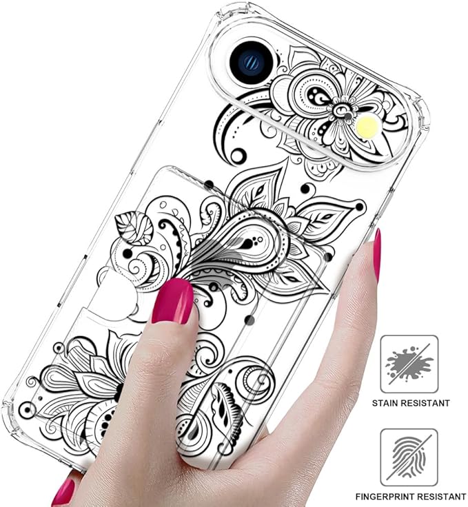 Compatible with iPhone 17 Air Case Card Holder for Women Cute Design,Wallet Phone Cases Transparent Cool Kawaii Protective (Clear Black Henna Flower)
