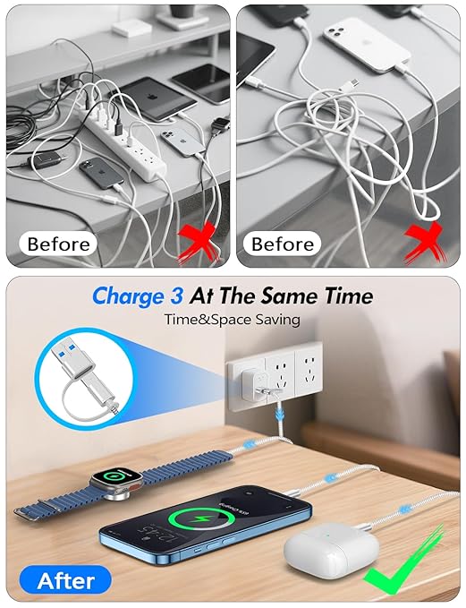 1Pack Multi Charging Cable Cord for Travel Essentials,Apple Watch Charger,iPhone Charger,[3-in-2] Type C/LCable Portable Designed for iWatch,iPhone 17-8,Galaxy S25-21,AirPods,iPad-4FT White