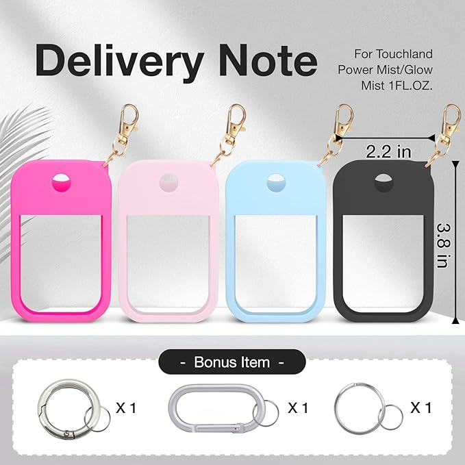 4 PCS Soft Silicone Case for Touchland Power Mist (1FL. OZ./30 mL), Protective and Stylish Case with Keychain Compatible with Touchland Hand Sanitizer Spray (Pink/Hot Pink/Blue/Black)