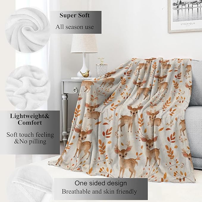 Whimsical Deer Blanket Cute Fawn and Autumn Leaves Throw Blankets Gifts for Kids Girls Lightweight Soft Fleece Cozy for Sofa Couch Bed Room Travel Birthday Decor 50x60in