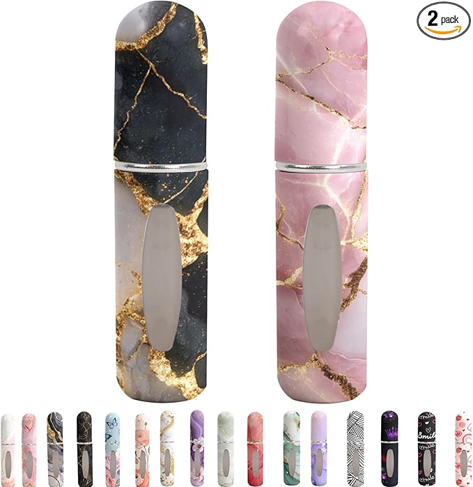 Refillable Perfume Atomizer Travel Bottles– Portable Leakproof Mini Sprayer for Cologne & Essential Oils, Plastic Empty Perfume Bottles with Unique Patterns,2 Pcs(Pink black marble)