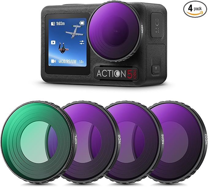 K&F CONCEPT ND PL Filter Kit Compatible with DJI Osmo Action 5 Pro/Osmo Action 4, 4Pack CPL ND8 ND16 ND32 Screw On Polarizing Neutral Density Filter, HD Optical Glass/Multi-Coated/Metal Frame