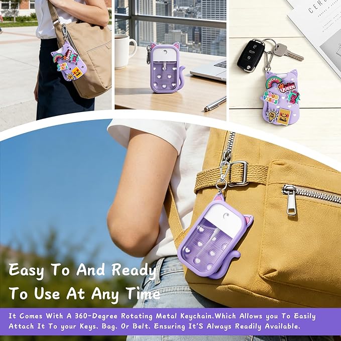 Cat Silicone Case with Keychain & 6 Accessories, Compatible with Touchland Hand Sanitizer Spray Power Mist 1 FL OZ/30ML, Featuring Croc-Style Decorative Holes (Purple)