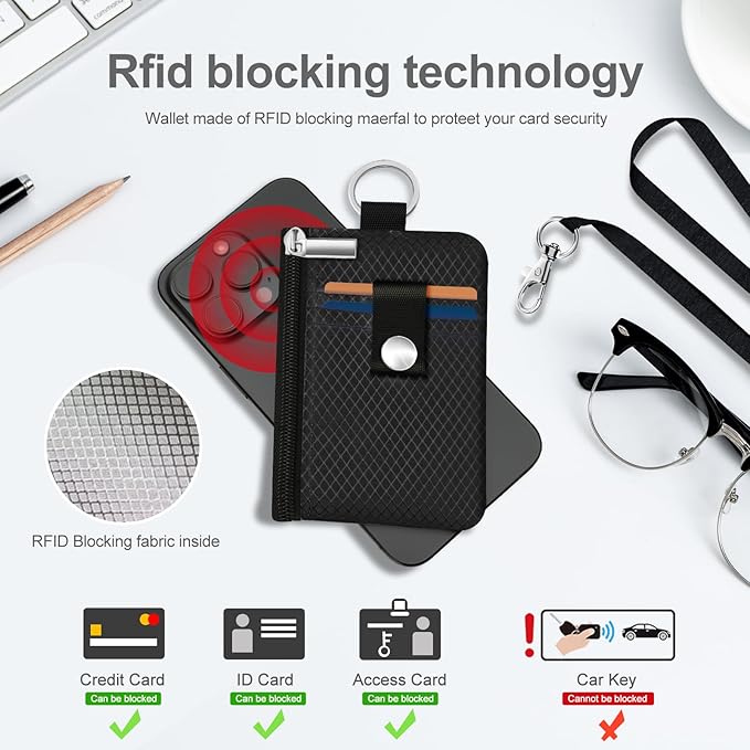 Minimalist RFID Blocking Small Wallet with ID Window,WaterResistant Zip Id Case Wallet with Lanyard Keychain for Cards,Cash,Travel,Women,Men (Black)