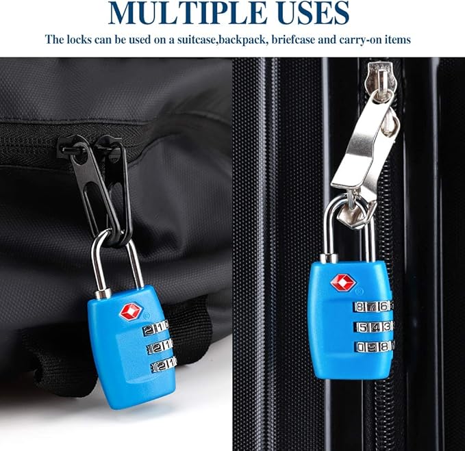 TSA Luggage Locks (4Pack) - 3 Digit Combination Padlocks - Approved Travel Lock for Suitcases & Baggage (Blue)