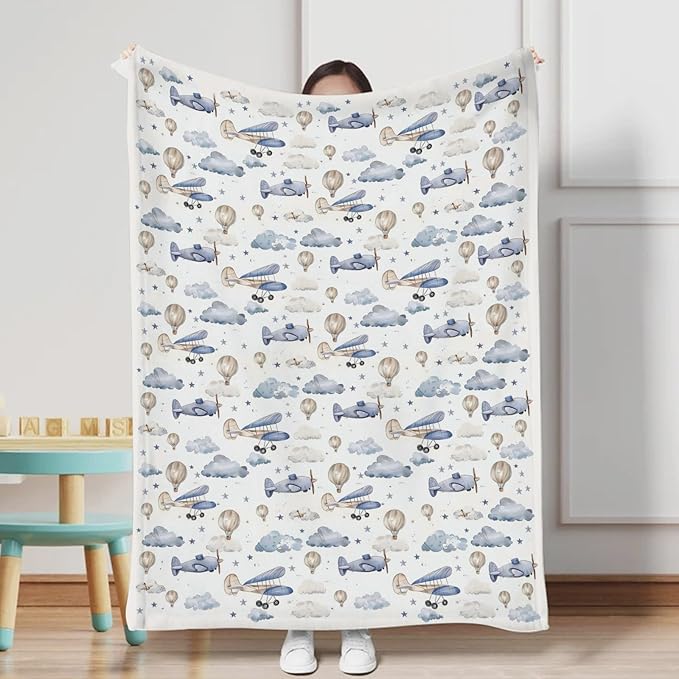 Unisex Plane Hot Air Balloons Transportation Theme Baby Nursery Throw Gift Blanket for Boys Girls, Aircraft Clouds Stars Pattern Swaddle Receiving Bed Blanket for Newborn Toddlers Kids-60x80