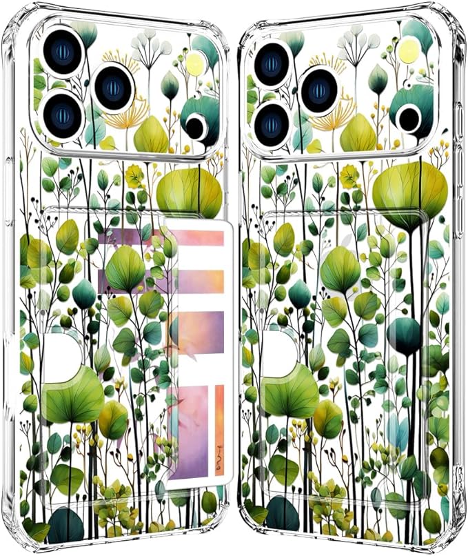 Compatible with iPhone 17 Pro Max Case Card Holder for Women Cute Design,Wallet Phone Cases Transparent Cool Kawaii Protective (Clear Green Flower Leaves Buds)