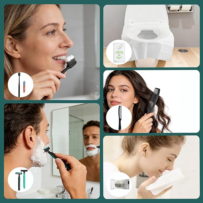 12 Sets Personal Hygiene Kit Bulk, Disposable Toothbrushes with Toothpaste, Comb, Shaving Razor, Towel, Cover, and Vanity Kit, Toiletry Kits Homeless Bulk Supplies for Women, Men, Travel, Homeless