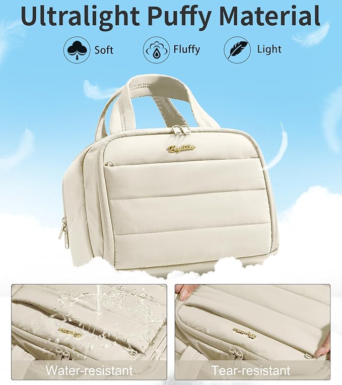 Bagstellar Travel Toiletry Bag for Women, Lightweight Large Quilted Puffy Makeup Bag Wide-open Make up Organizer Cloud Cosmetic Bag w/Handle for Traveling Toiletries, Essentials, Accessories, Beige