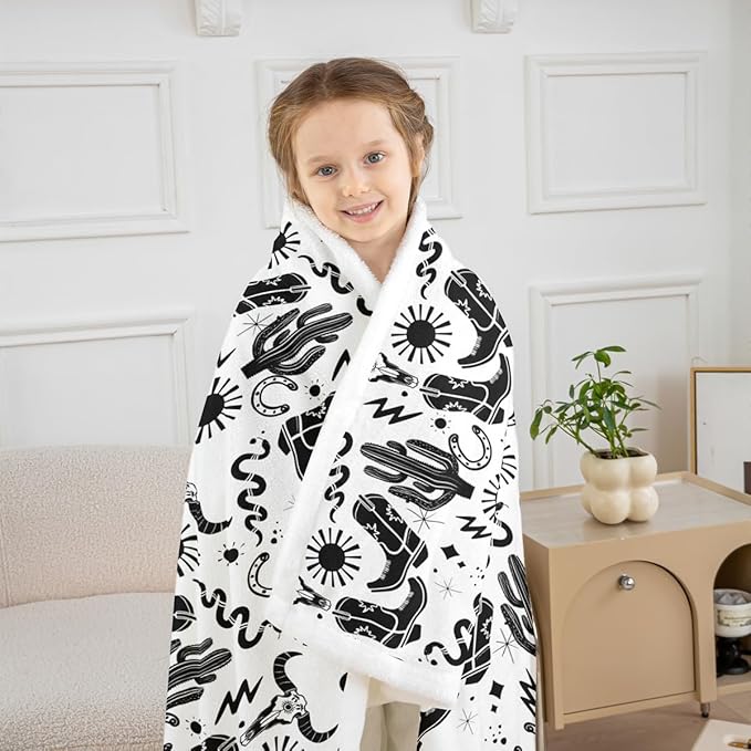 Western Cowboy Kids Throw Blanket,Horseshoe Cowboy Boots Cow Skull Bed Blanket for Girls Boys Adults,Sun Starry Sky Snake Fleece Blanket,Rustic Retro Fuzzy Blanket,Twin Size (60 x 80 Inches)