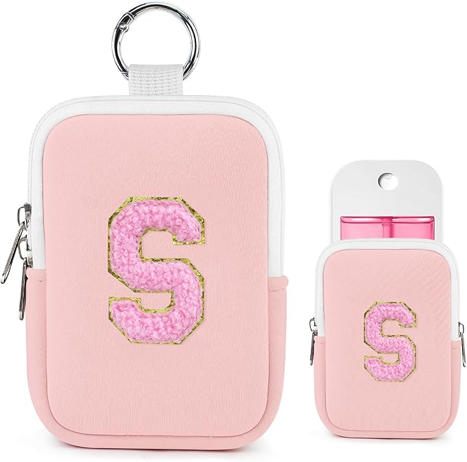 Shenier Alphabet Zippered Case with Keychain, Cute Design, Compatible with Touchland Power Mist Gentle/Glow Mist Hand Sanitizer Spray, Pink-S