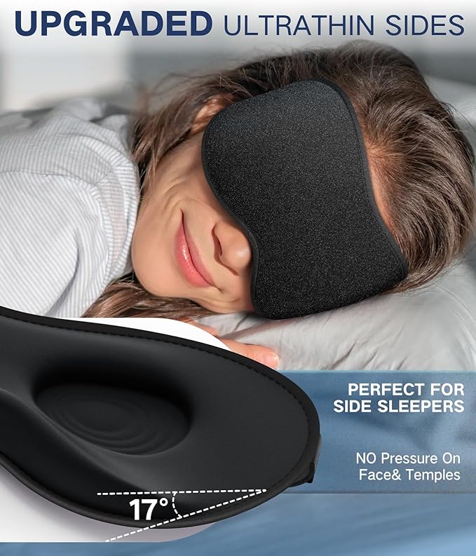 Sleep Mask for Men Women - Eye Masks for Side Sleepers, 3D Contoured Night Blindfold 100% Blockout Pressure-Free, Soft Lightweight Breathable Eye Cover Shade Sleeping for Airplane, Travel, Black