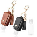 2Pcs Portable Leather Hand Sanitizer Holder, Travel Size Keychain Case Refillable Bottle for Toiletry Lotion Liquid Soap Shampoo (Black, Brown)