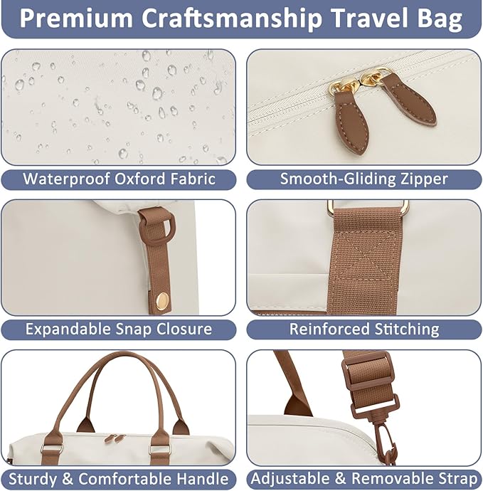 ELONGRIVER Travel Duffle Bag for Women, Weekender Bags, Hospital Bag for Labor Delivery, Lightweight Tote Duffel Overnight Bag with Luggage Sleeve, Airplane Travel Bags with Toiletry Bag, Large, Beige