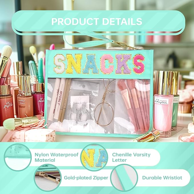 Siwara Snack Bags Clear Pouch Travel Makeup Bag Chenille Letter Bags for Zipper Pouch Clear Cosmetic Bag Clearly Tote Bag Makeup Travel Bags for Women