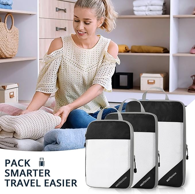 NICOSHOW 6 Set Compression Packing Cubes for Travel - Compressible, Lightweight, and Space-Saving Packing Cubes, Travel Essentials for Women, Black