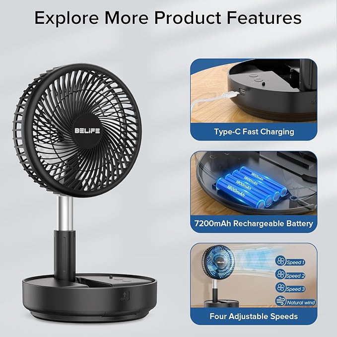 Belife X8 Portable Fan, 7200mAh Battery Powered Rechargeable, Oscillating USB Desk Floor Fan with Remote, Foldable Telescopic Fan for Home Bedroom Sleeping Office Camping Travel, 7.7" (Black)