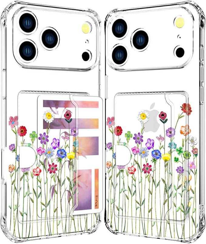 Compatible with iPhone 17 Pro Max Case Card Holder for Women Cute Design,Wallet Phone Cases Transparent Cool Kawaii Protective (Clear Flower Floral Bouquet)