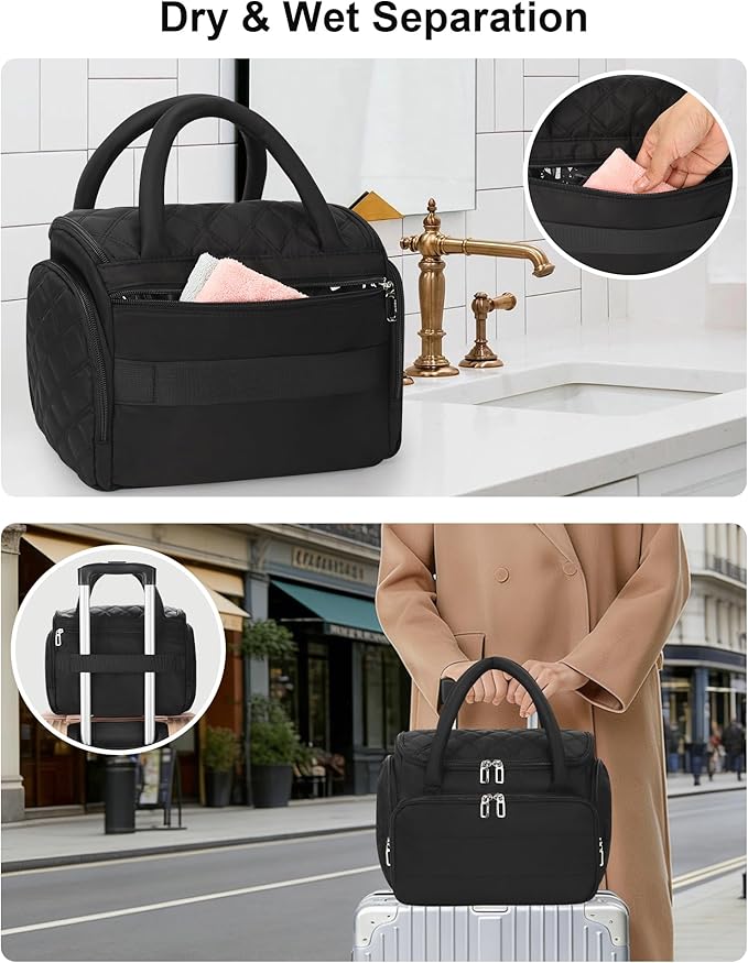 Hanging Toiletry Bag for Women - Travel Makeup Organizer with Brush Compartment, Portable Cosmetic Case with Removable Dividers for Full-Size Container, Lightweight Travel Bag for Trip - Black