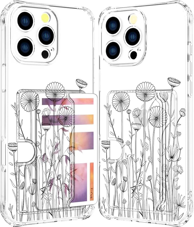 Compatible with iPhone 16 Pro Max Case Card Holder for Women Cute Design,Wallet Phone Cases Transparent Cool Kawaii Protective (Clear Black Flower Bouquet)