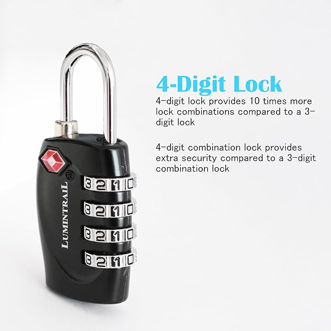 Lumintrail TSA Approved Locks, 4 Digit Combination Luggage Locks TSA Approved, Travel Locks for Luggage & Suitcase with 4-FT Steel Cable, Black, 6 Pack