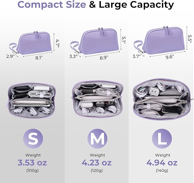 FYY Travel Cable Organizer - 8 Compartments Lightweight Water Resistant Tech Pouch with Wrist Strap, Portable Electronic Accessories Case for Cord Charger Storage for Travel Home Office Purple (Small)