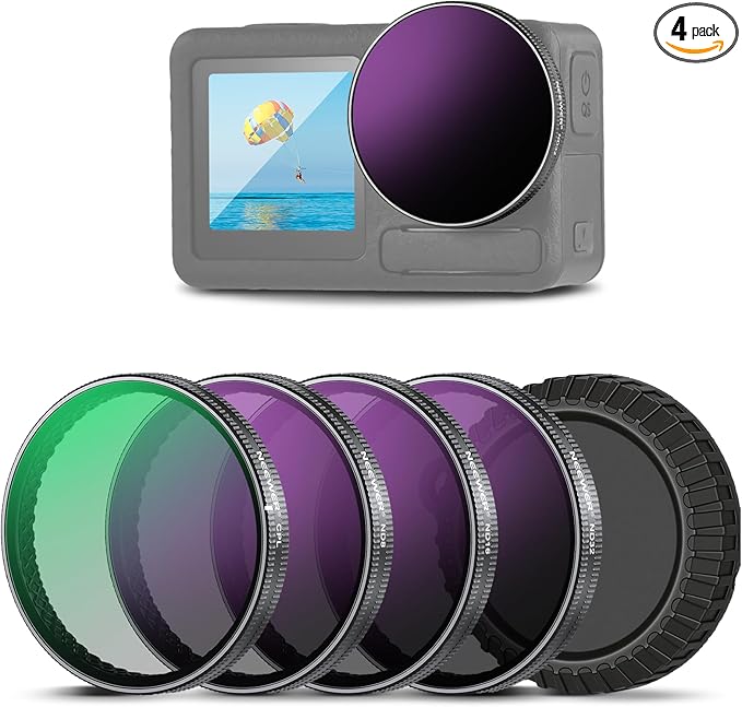 NEEWER ND Filter Set Compatible with DJI Osmo Action 5 Pro/4/3 (4 Pack), ND8/16/32 CPL Circular Polarizing Filter Polarizer Neutral Density Snap On Action Camera Accessories with Lens Cap, FLA01