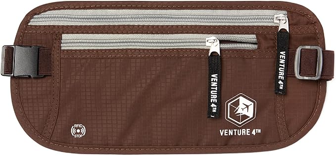 VENTURE 4TH Money Belt for Travel – Hidden Under-Clothes RFID Blocking Passport Holder & Slim Travel Wallet Pouch for Men & Women to Protect Cash, Cards & Documents (Brown)