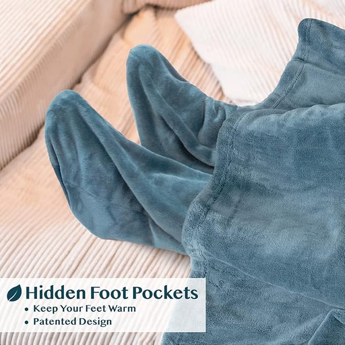 PAVILIA Fleece Blanket with Sleeves, Foot Pockets for Women Men Adults, Plush Wearable Blanket Throw Wrap, Warm Snuggle Blanket Robe, Cozy Gift Ideas Wife Mom, Dusty Blue