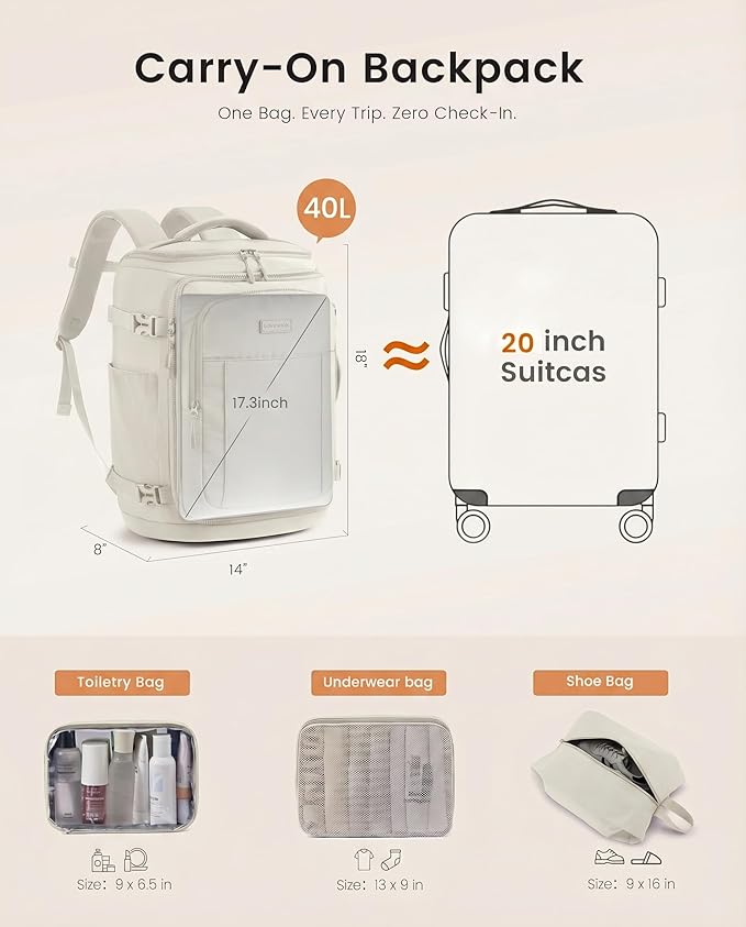 LOVEVOOK Travel Backpack for Women & Men, 40L TSA Approved Carry On Backpack with 3 Packing Cubes, Waterproof Weekender Overnight Bag for 2-4 Day Trips, Business & Travel Essentials, Beige Gray