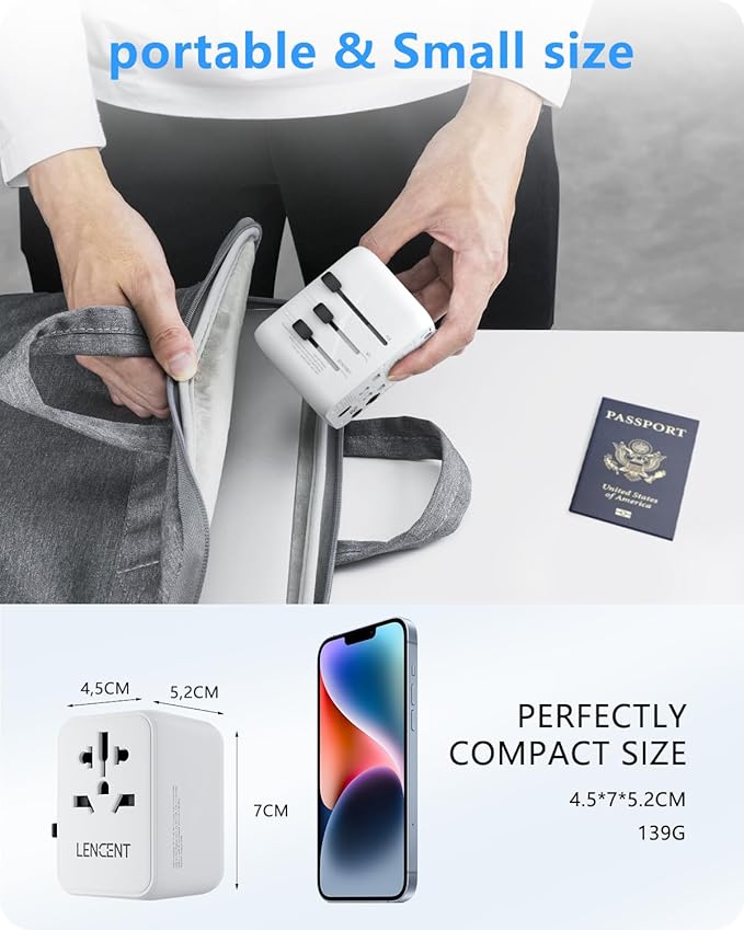 LENCENT Universal Travel Adapter, PD20W International Charger with 2 USB Ports & Type-C Fast Charging Adaptor, Worldwide Wall Charger for iPhone,Laptop, USA/UK/EU/AUS (White-20W)