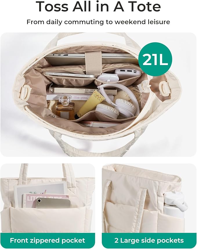 BAGSMART Tote Bag for Women, Lightweight Puffy Tote Bag with Compartments Shoulder Bag Handbag for Travel, Work, Gym | Lightweight, Puffy, Quilted, for Travel, Work