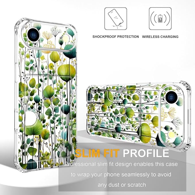 Compatible with iPhone 17 Air Case Card Holder for Women Cute Design,Wallet Phone Cases Transparent Cool Kawaii Protective (Clear Green Flower Leaves Buds)