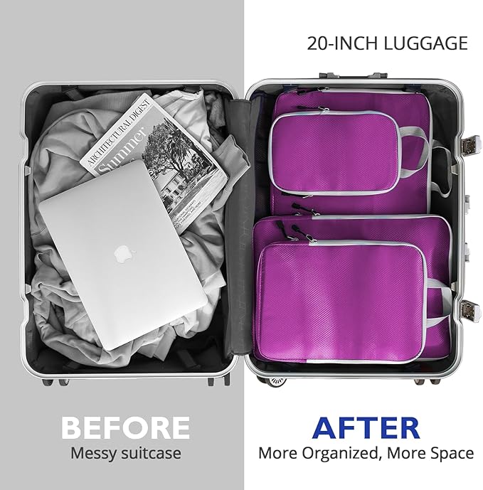 Compression Packing Cubes, 8 Set Packing Cubes for Travel Compression, Lightweight Compressible Package Organizer for Carry On and Suitcases, Purple and Grey