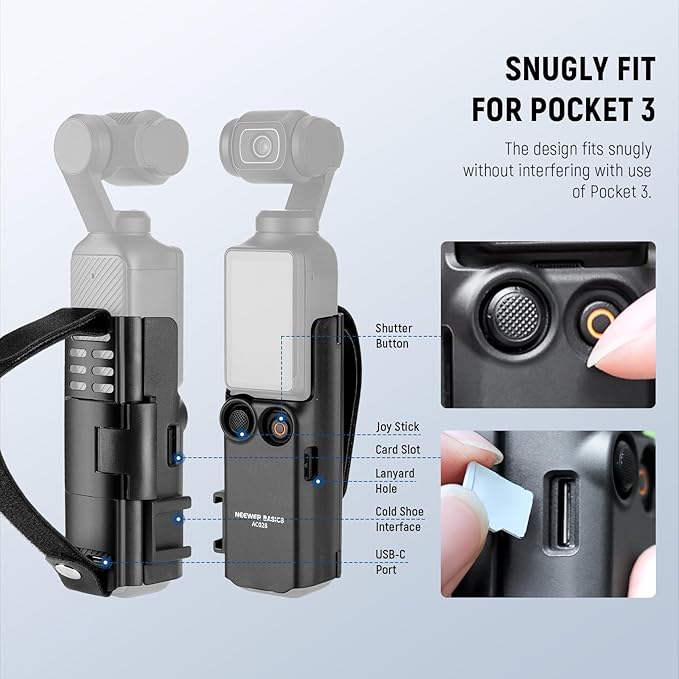 NEEWER Basics Protective Case with Hand Strap, Compatible with DJI Osmo Pocket 3, Pocket 3 Creator Combo Accessories, Extension Handle, Housing Extension Frame, Cold Shoe, Type C Port, SD Card Slot