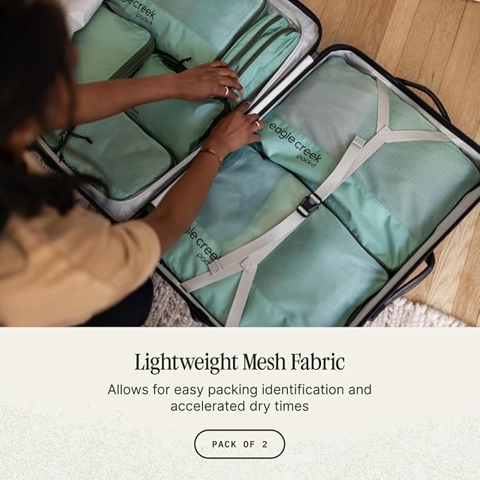Eagle Creek Pack-It Reveal Compression Cube Set - Compact Packing Cube Set for Travel - Durable Suitcase Organizers - Sustainable Materials - Easy-Grab Zipper Pulls - Small/Medium - Willow Green